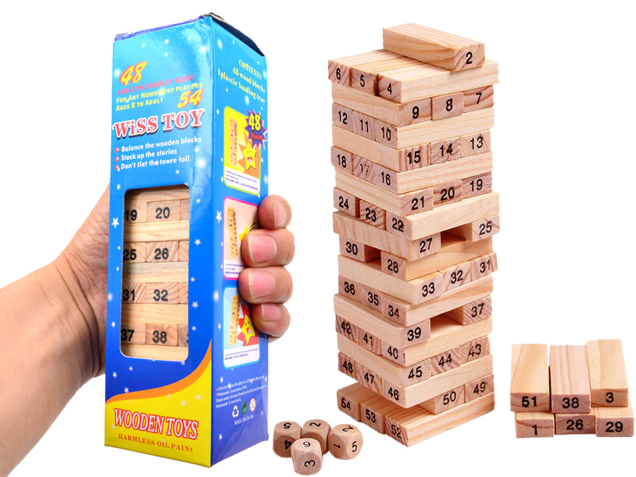 Klocki jenga drewniana wieża gra edukacyjna 54szt + kostki 0263