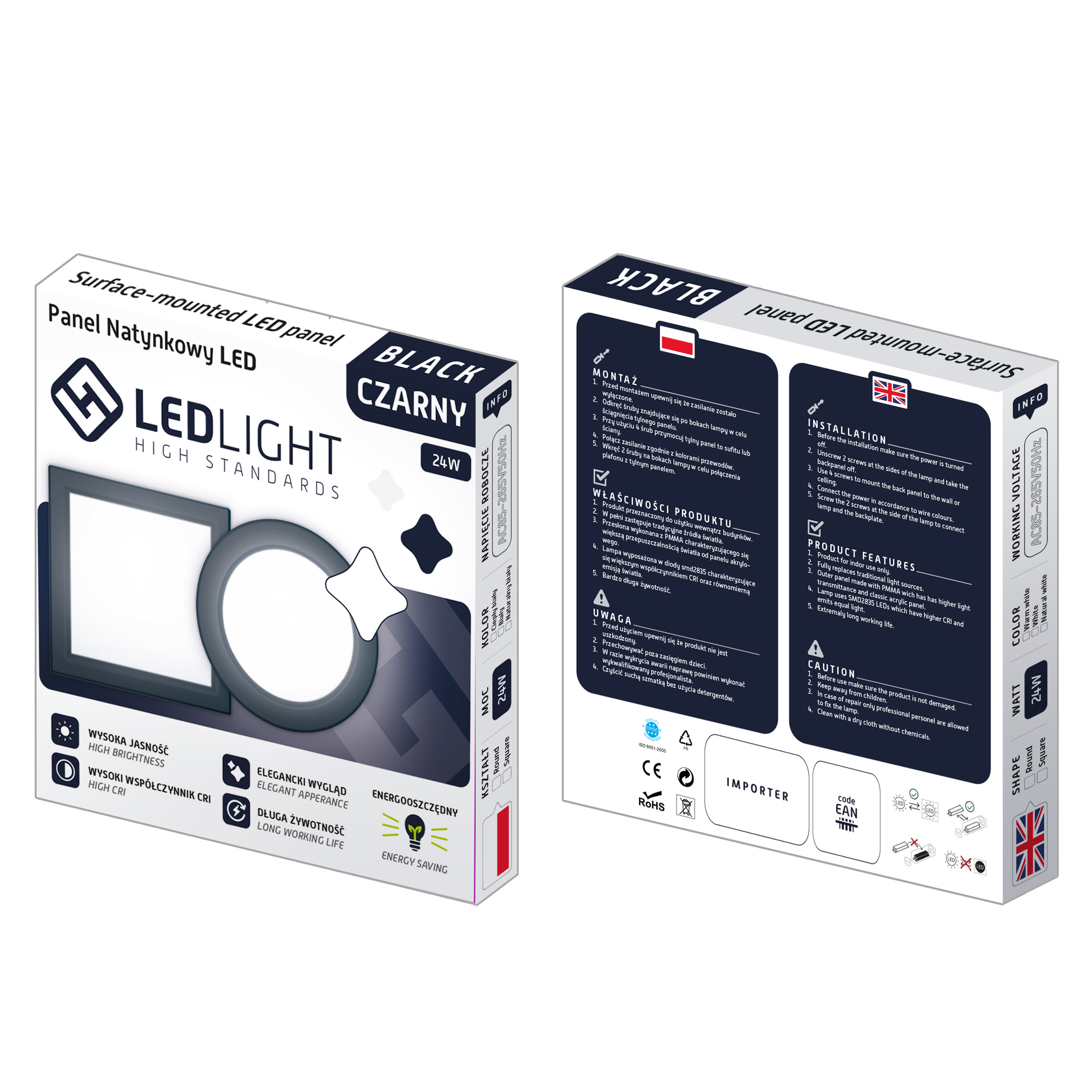 Plafon led panel natynkowy niemrugający ccd czarny neutralny 18w 2594