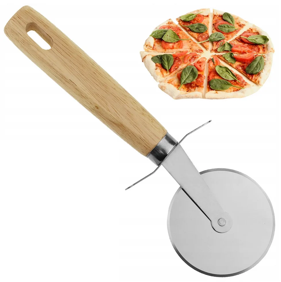 Nóż do pizzy okrągły radełko do krojenia pizzy drewno stal 2556