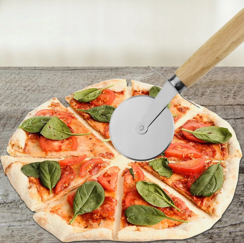 Nóż do pizzy okrągły radełko do krojenia pizzy drewno stal 2556