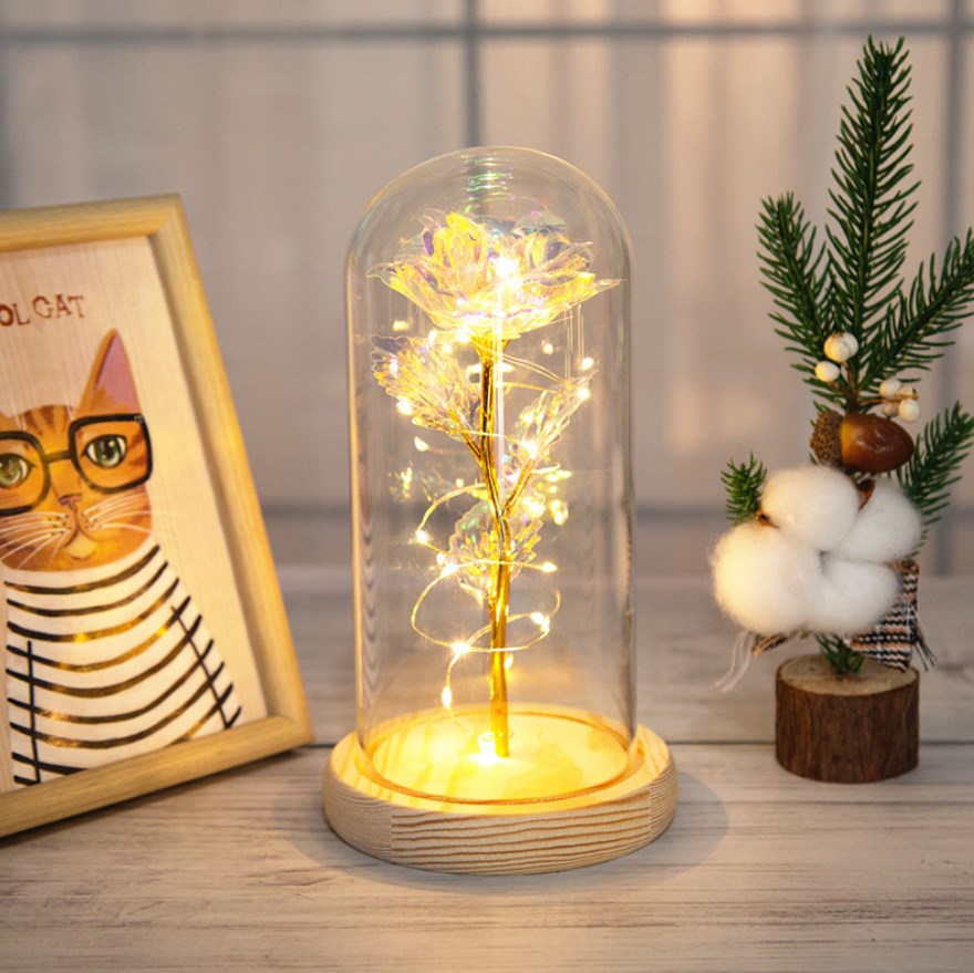RÓŻA W SZKLE 20 LED WIECZNA W PUDEŁKU 21 CM XJ5548