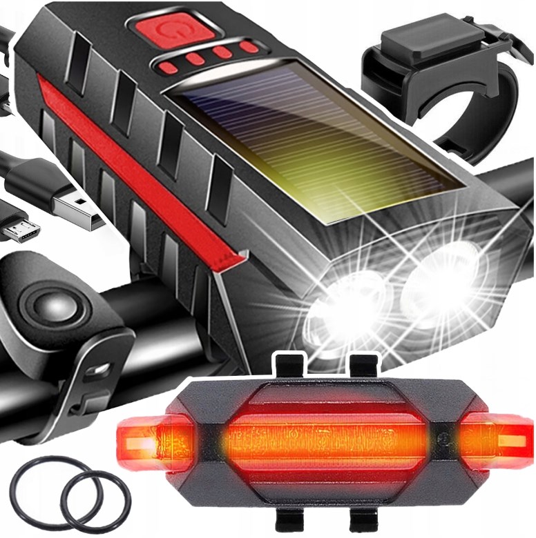 LAMPKA ROWEROWA SOLARNA ŚWIATŁO PRZÓD TYŁ LED NA ROWER KIEROWNICĘ + KLAKSON XJ5646