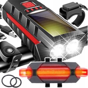 LAMPKA ROWEROWA SOLARNA ŚWIATŁO PRZÓD TYŁ LED NA ROWER KIEROWNICĘ + KLAKSON XJ5646